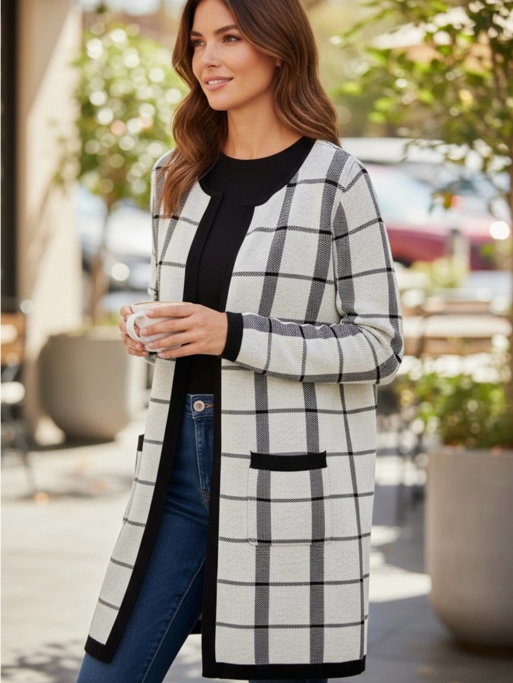 Elle Black & White Windowpane Open-Front Cardigan